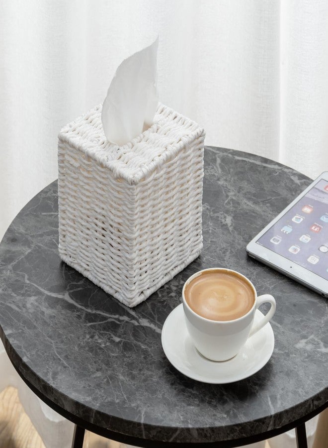 MyGift Decorative White Woven Square Tissue Box Holder with Easy Open Refill Bottom, Bathroom Decor Facial Tissues Cover with Sturdy Paper Rope Material - Image 3