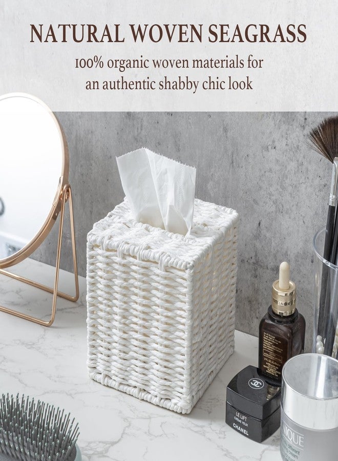 MyGift Decorative White Woven Square Tissue Box Holder with Easy Open Refill Bottom, Bathroom Decor Facial Tissues Cover with Sturdy Paper Rope Material - Image 2