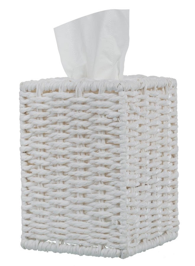 MyGift Decorative White Woven Square Tissue Box Holder with Easy Open Refill Bottom, Bathroom Decor Facial Tissues Cover with Sturdy Paper Rope Material - Image 4