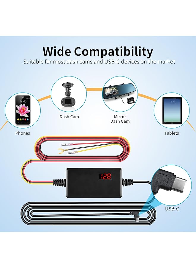 Generic Dash Cam Hardwire Kit With 8Pcs Full Set Circuit Fuses Tap Low Voltage Protection Type-C Port 12V-24V To 5V Hardwire Kit For 24H Parking Monitoring 11Ft Double-Sided Adhesive (Type-C Output) - Image 2