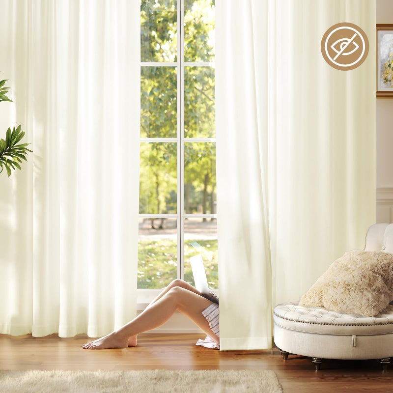 Anmao Non-See-Through Privacy Semi Sheer Curtains for Living Room 54 Inch Length 2 Panels Set  Light Filtering Window Curtains Drapes for Bedroom with Tiebacks  52 Inch Wide Each Panel  Beige Yellow - Image 2