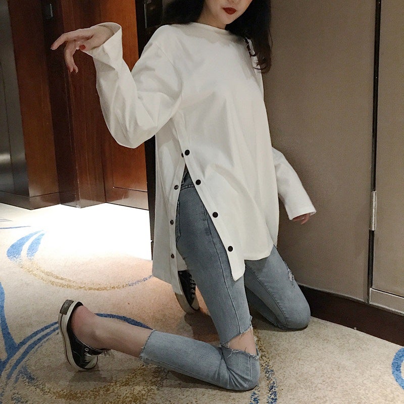 2025 New Spring Top Trendy Autumn All-match Design Sense Niche Split White Long-sleeved T-shirt Women's Base Shirt Ins - Image 2
