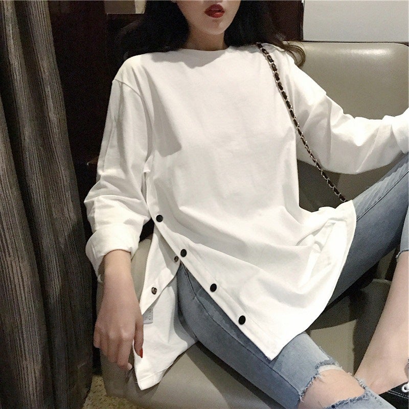 2025 New Spring Top Trendy Autumn All-match Design Sense Niche Split White Long-sleeved T-shirt Women's Base Shirt Ins - Image 4