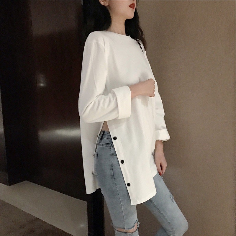 2025 New Spring Top Trendy Autumn All-match Design Sense Niche Split White Long-sleeved T-shirt Women's Base Shirt Ins - Image 5