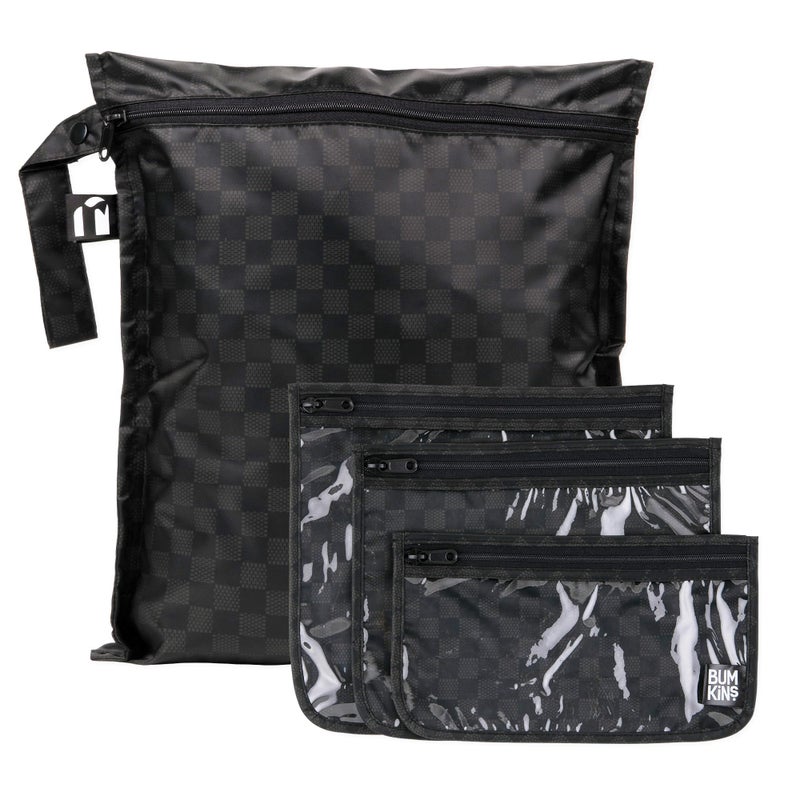Bumkins and Roamio Waterproof Wet Bag Clear Travel Bags For Beach Baby Travel Swim Suit Cloth Diapers Pump Parts Pool Gym Toiletries Reusable Easy to Clean Black Check 4 Pack - Image 2