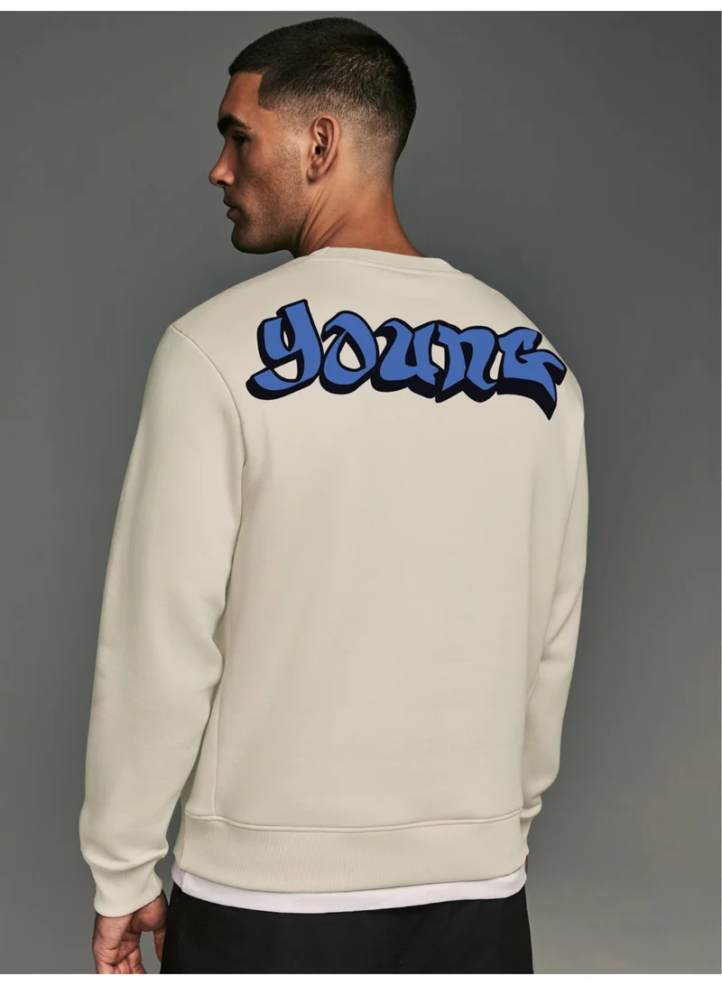 مانياك سويت شيرت رجالي مانياك بطبعة دائرية وأكمام كاملة، مقاس كبير، قطن فليس، كريمي وأزرق