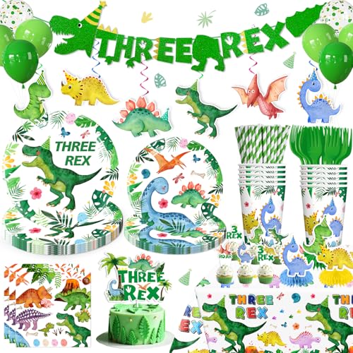 Yingoto Three Rex Birthday Decorations Boy 187 Pieces Set for 25 Guests Includes Tableware Banner Hanging Balloon Cupcake Topper Tablecloth Perfect for 3rd Birthday Dinosaur Theme Parties - Image 1