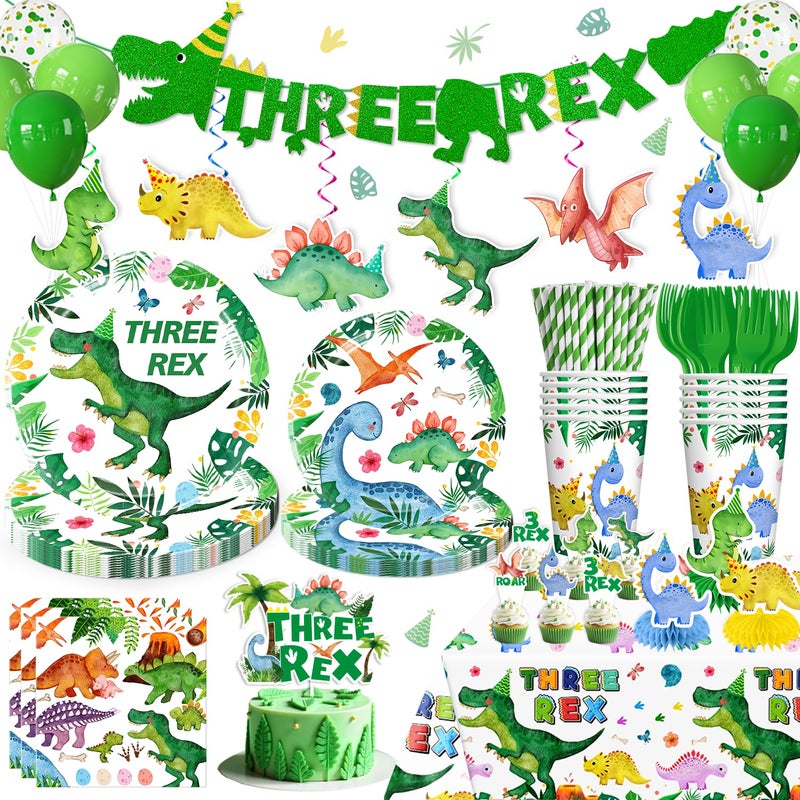 Yingoto Three Rex Birthday Decorations Boy 187 Pieces Set for 25 Guests Includes Tableware Banner Hanging Balloon Cupcake Topper Tablecloth Perfect for 3rd Birthday Dinosaur Theme Parties - Image 2