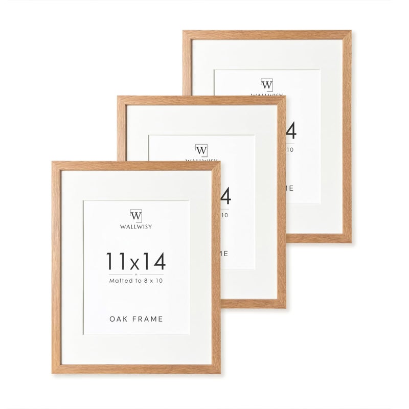 wallwisy 11x14 Picture Frame, 11x14 Solid Oak Frames with Mat to 8x10, 14x11 Wooden Frames for Wall, Natural Oak Wood Frame, Set of 3 - Image 1