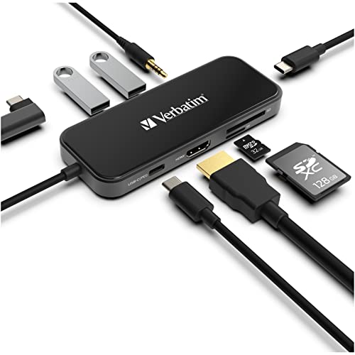 Verbatim 8-in-1 USB C Hub w/Dongle for Laptop - 100W PD, 2 USB 3.0 Ports, 2 USB-C Ports, SD Card Readers, HDMI, 3.5mm Audio - Image 1