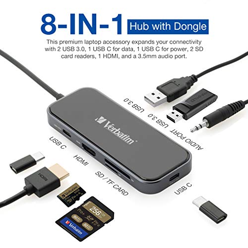 Verbatim 8-in-1 USB C Hub w/Dongle for Laptop - 100W PD, 2 USB 3.0 Ports, 2 USB-C Ports, SD Card Readers, HDMI, 3.5mm Audio - Image 3