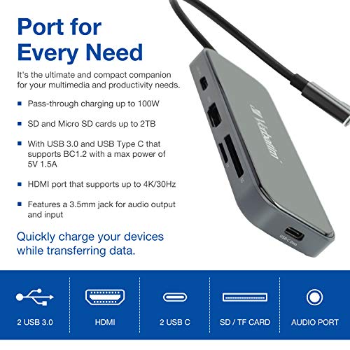 Verbatim 8-in-1 USB C Hub w/Dongle for Laptop - 100W PD, 2 USB 3.0 Ports, 2 USB-C Ports, SD Card Readers, HDMI, 3.5mm Audio - Image 5