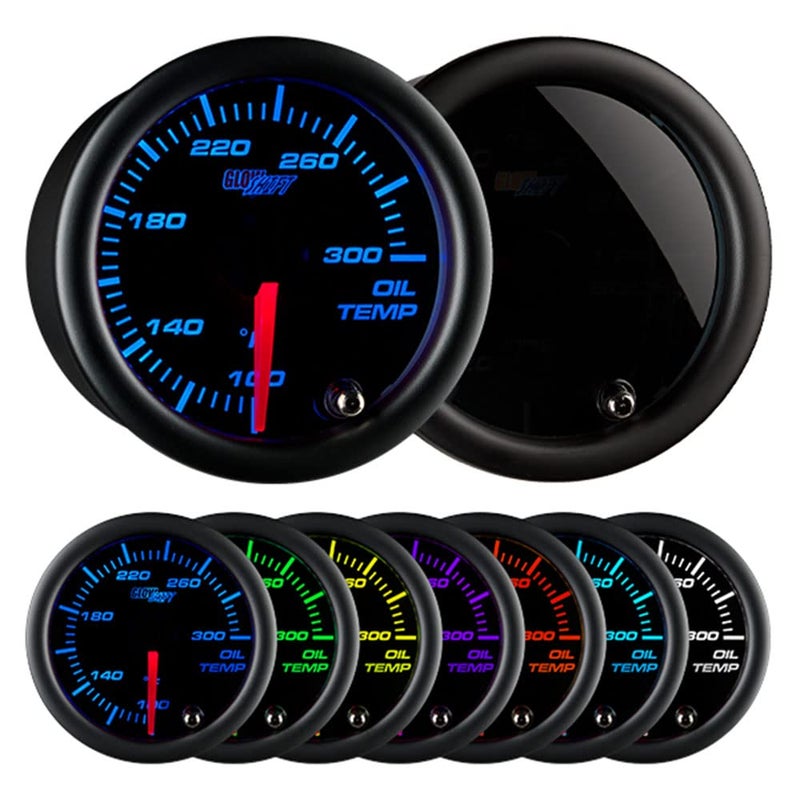 GLOWSHIFT Tinted 7 Color 300F Oil Temperature Gauge Kit - Includes 1/8-27 NPT Electronic Sensor & Wiring - Multi-Color Display - Black Dial - Smoked Lens - for Car & Truck - 2-1/16" 52mm - Image 1