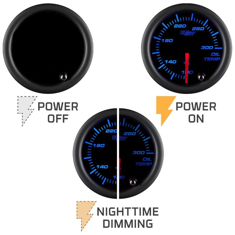 GLOWSHIFT Tinted 7 Color 300F Oil Temperature Gauge Kit - Includes 1/8-27 NPT Electronic Sensor & Wiring - Multi-Color Display - Black Dial - Smoked Lens - for Car & Truck - 2-1/16" 52mm - Image 4