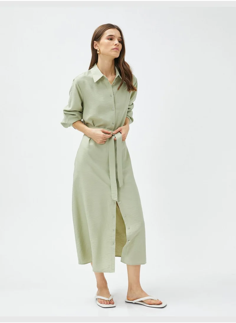 KOTON Belted Long Sleeve Maxi Shirt Dress