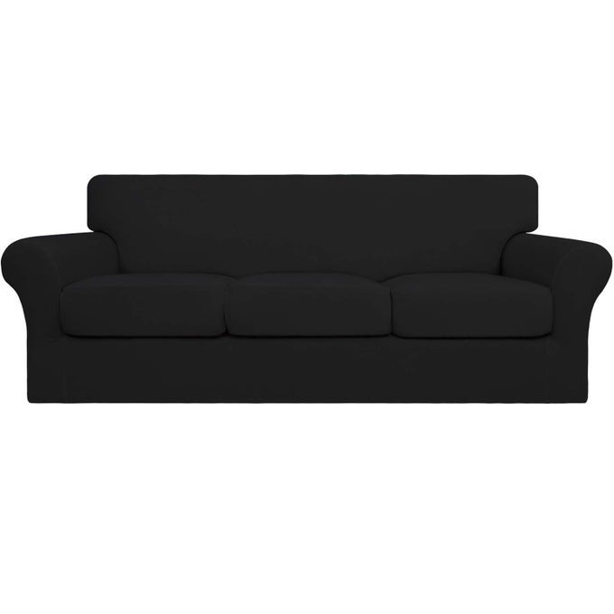 EASYGOING 4 PIECES STRETCH SOFT COUCH COVER FOR DOGS WASHABLE SOFA SLIPCOVER FOR 3 SEPARATE CUSHION COUCH ELASTIC FURNITURE PROTECTOR FOR PETS KIDS SOFA BLACK LARGE