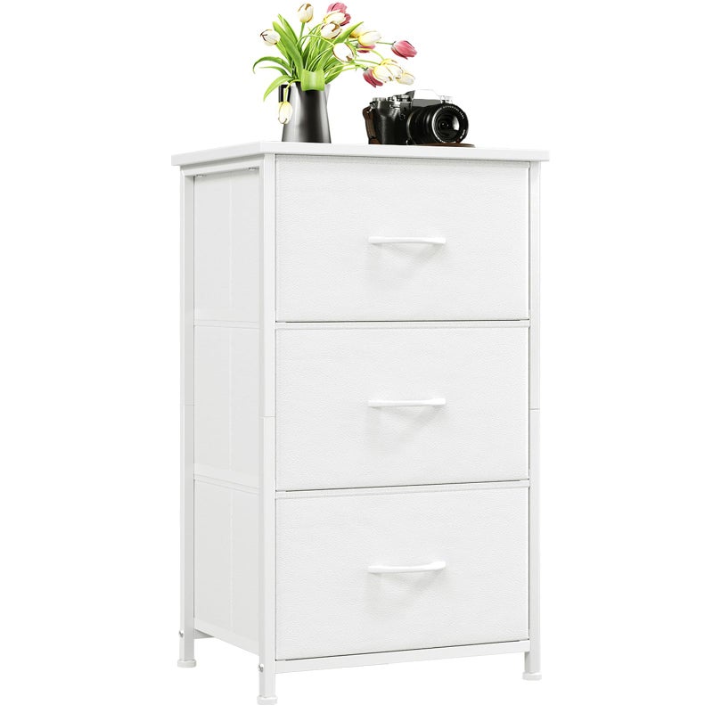 Somdot Dresser for Bedroom with 3 Drawers, Storage Organizer Chest of Drawers with Removable Fabric Bins for Closet Bedside Living Room Laundry Entryway Hallway, White Leather - Image 1