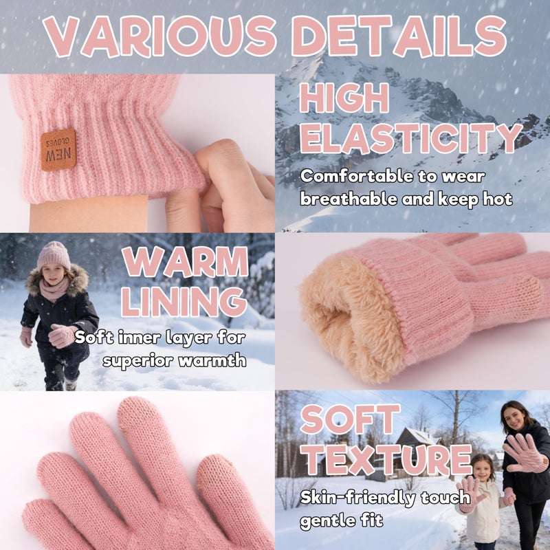 YukiniYa Kids Gloves Winter Thermal Double-Layer Knit Wool Fleece Lined Touchscreen for Boys Girls 4-18 Years Cold Weather - Image 4