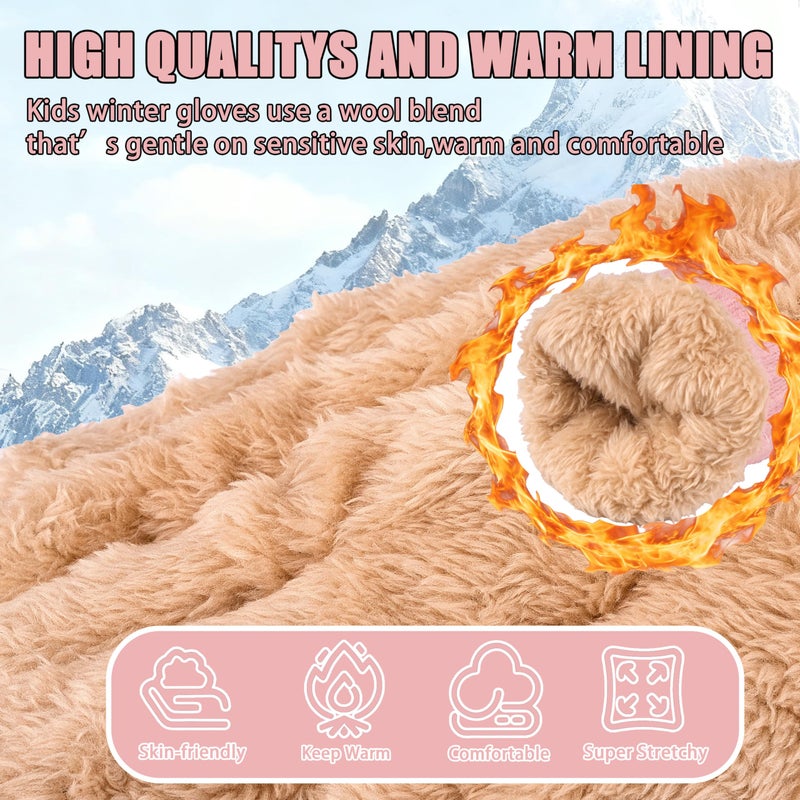 YukiniYa Kids Gloves Winter Thermal Double-Layer Knit Wool Fleece Lined Touchscreen for Boys Girls 4-18 Years Cold Weather - Image 2