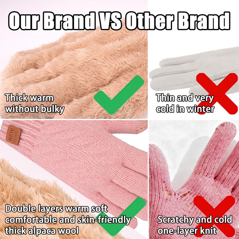 YukiniYa Kids Gloves Winter Thermal Double-Layer Knit Wool Fleece Lined Touchscreen for Boys Girls 4-18 Years Cold Weather - Image 3