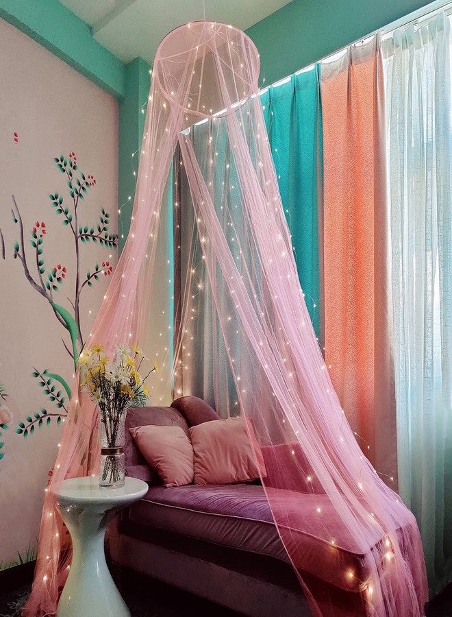 Eimilaly Bed Canopy Mosquito Net with 250pcs Warm White Curtain Lights, for Girls Room Decor or Theme Party, Pink/Warm Lights - Image 1