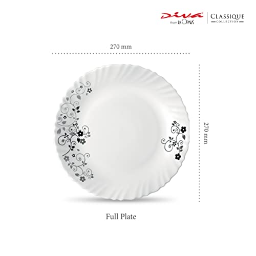 La Opala Diva Classique Collection Opal Glass Crockery | Full Plate Set of 6 | Mystrio Black Design | for Dining & Gifting | Microwave Safe | 100% Vegetarian | Extra Strong | Super Light & White - Image 2