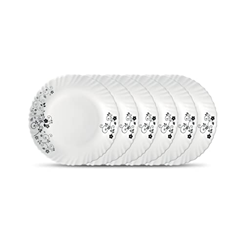 La Opala Diva Classique Collection Opal Glass Crockery | Full Plate Set of 6 | Mystrio Black Design | for Dining & Gifting | Microwave Safe | 100% Vegetarian | Extra Strong | Super Light & White - Image 1