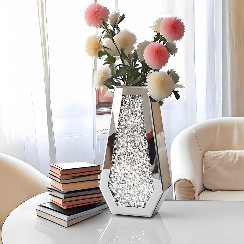 ALLARTONLY Flower Vase Crushed Diamond Mirrored Vase Crystal Silver Glass Decorative Mirror Vase Large Size Luxury for Home Decor. Diamond Shape Thickened. Canâ€™t Hold Water. - Image 1