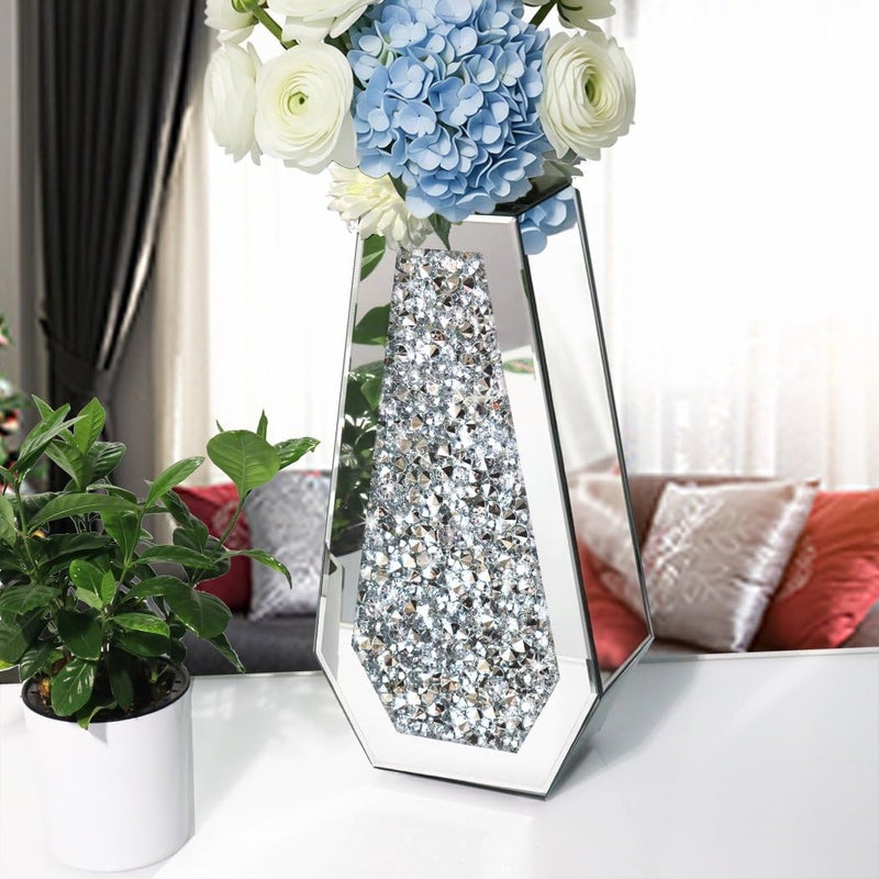 ALLARTONLY Flower Vase Crushed Diamond Mirrored Vase Crystal Silver Glass Decorative Mirror Vase Large Size Luxury for Home Decor. Diamond Shape Thickened. Canâ€™t Hold Water. - Image 4