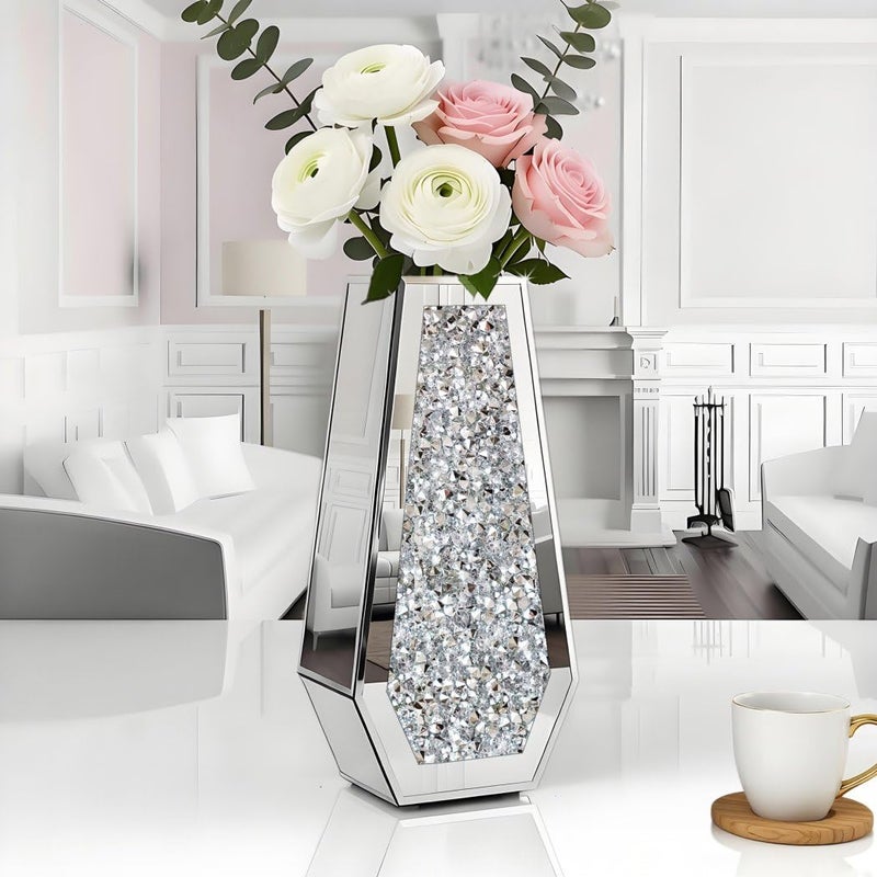 ALLARTONLY Flower Vase Crushed Diamond Mirrored Vase Crystal Silver Glass Decorative Mirror Vase Large Size Luxury for Home Decor. Diamond Shape Thickened. Canâ€™t Hold Water. - Image 2