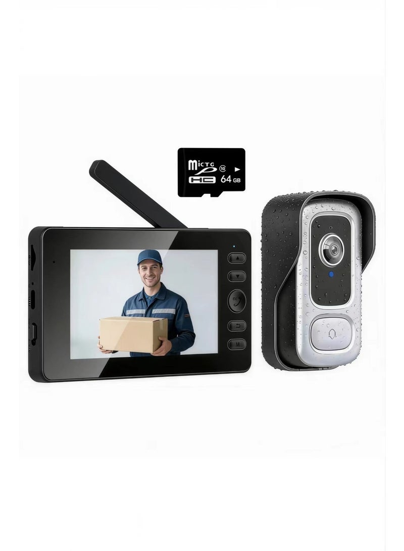 Wireless doorbell camera without subscription service, 8-megapixel waterproof doorbell camera with display screen, no WiFi and APP function, two-way video intercom, 130 ° wide-angle video night vision, equipped with 64G memory card - Image 1
