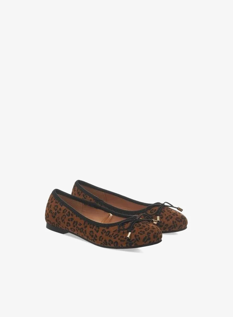 Girls Animal Print Slip-On Ballerina Shoes with Bow Detail
