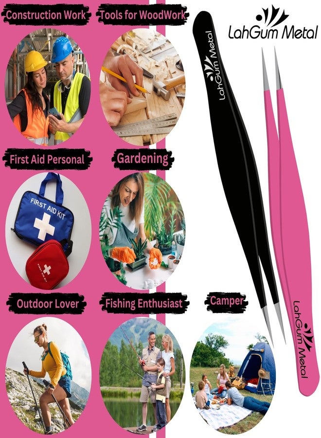 LahGum Metal Ultra Fine Sharp Pointed Tweezers Precision, Needle Nose Pointy Tweezers for Ingrown Hair Removal Kit Thin Tweezers Precision Point Tip Eyebrow Tweezers for Women Facial Hair (Black & Pink, 2-Piece) - Image 5