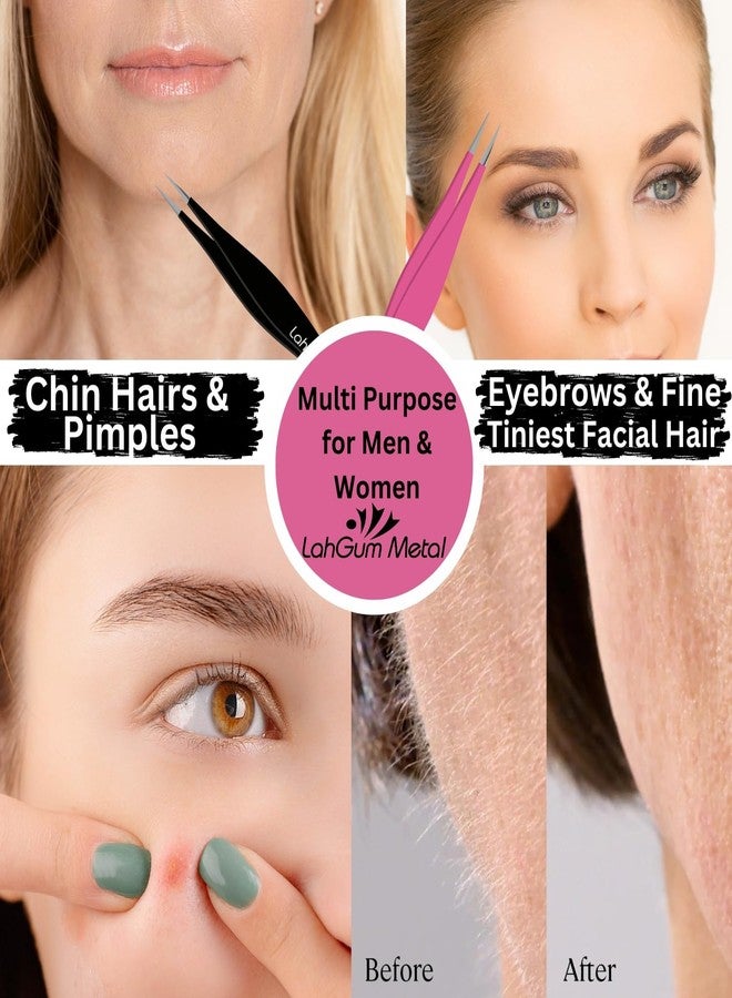 LahGum Metal Ultra Fine Sharp Pointed Tweezers Precision, Needle Nose Pointy Tweezers for Ingrown Hair Removal Kit Thin Tweezers Precision Point Tip Eyebrow Tweezers for Women Facial Hair (Black & Pink, 2-Piece) - Image 3