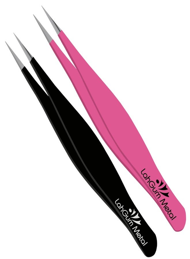 LahGum Metal Ultra Fine Sharp Pointed Tweezers Precision, Needle Nose Pointy Tweezers for Ingrown Hair Removal Kit Thin Tweezers Precision Point Tip Eyebrow Tweezers for Women Facial Hair (Black & Pink, 2-Piece) - Image 1