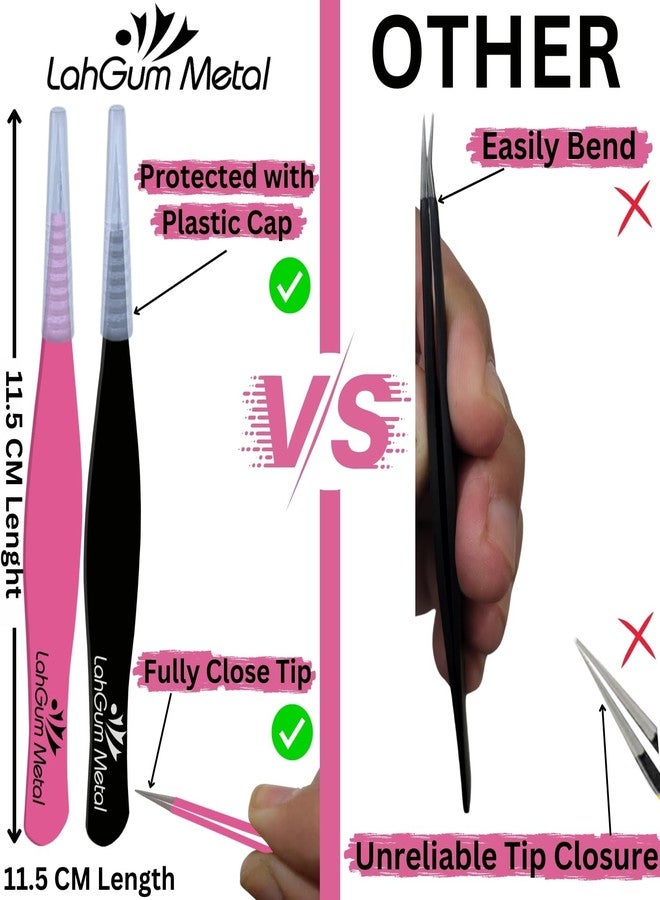 LahGum Metal Ultra Fine Sharp Pointed Tweezers Precision, Needle Nose Pointy Tweezers for Ingrown Hair Removal Kit Thin Tweezers Precision Point Tip Eyebrow Tweezers for Women Facial Hair (Black & Pink, 2-Piece) - Image 2