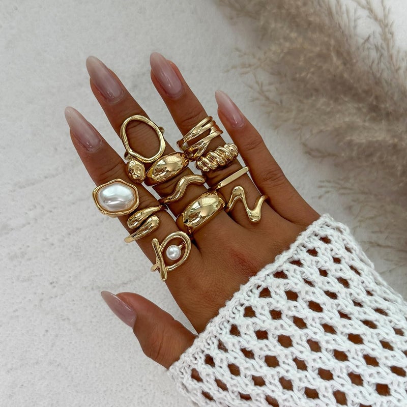 CSIYANJRY99 Gold Silver Rings Set for Women Trendy Non Tarnish Irregular Chunky Gold Ring Baroque Pearl Rings Stackable Statement Knuckle Ring Jewelry (A-Gold) - Image 2