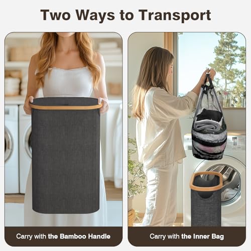 Bathola Slim Laundry Hamper with Lid, 60L Small Laundry Basket with Handles&Removable Bag, Thin Dirty Clothes Hampers for Laundry, Narrow Laundry Hampers for Bedroom Aesthetic, Dark Grey - Image 3