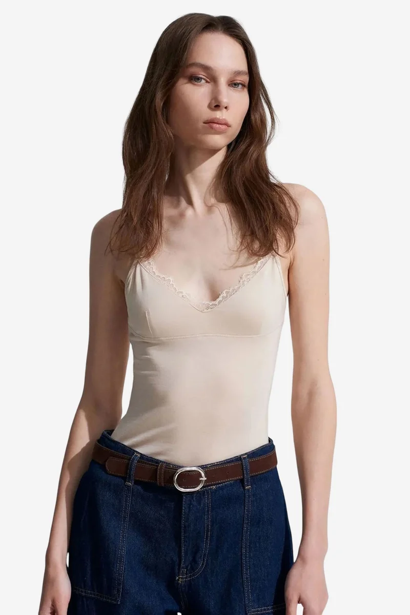 Dilvin Beige Natural DILVIN Lace V-Neck Sleeveless Cami Blouse for Women | Best Price UAE