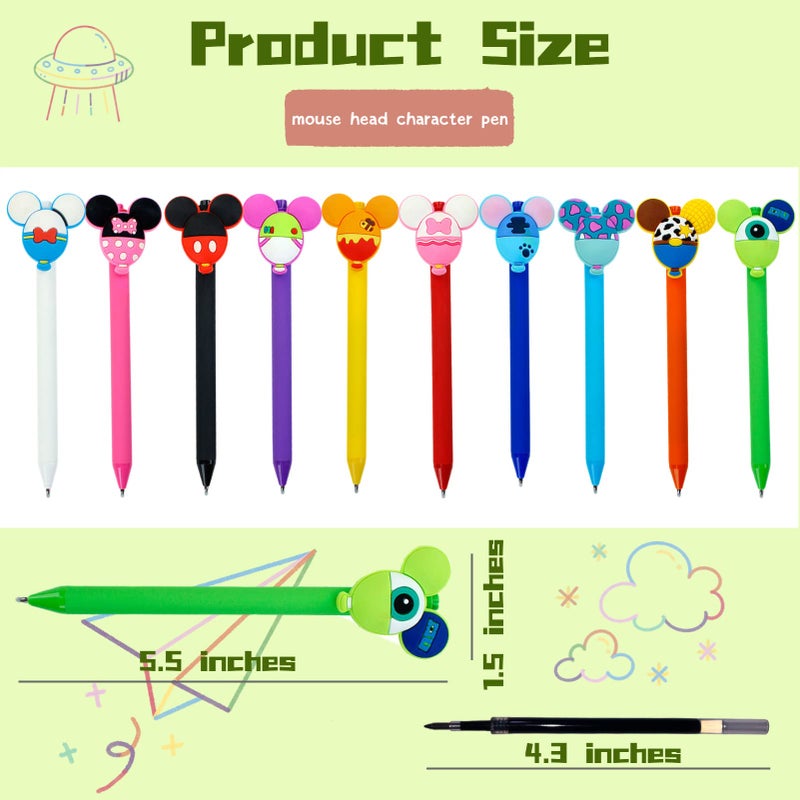 APQA 10pcs Mouse Head Character Ears Pens Set, Retr ctable Ballpoint Pen, Multi Color Jumbo Autograph Princess Pencil Signature Office Desk Stationary Accessories, Gift for Teacher Student - Image 3