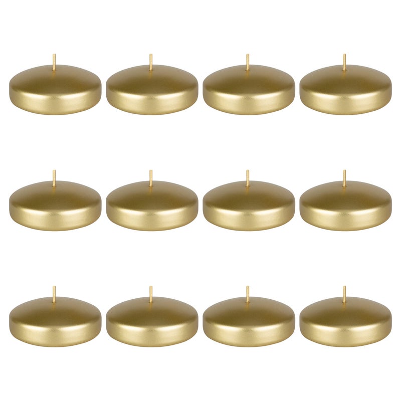 Mega Candles 12 pcs Unscented Gold Floating Candles, Hand Poured Wax Candle 3 Inch Diameter, Home DÃ©cor, Wedding Receptions, Occasions, Festivities, Events, Meditations, Tranquility, Spa - Image 1