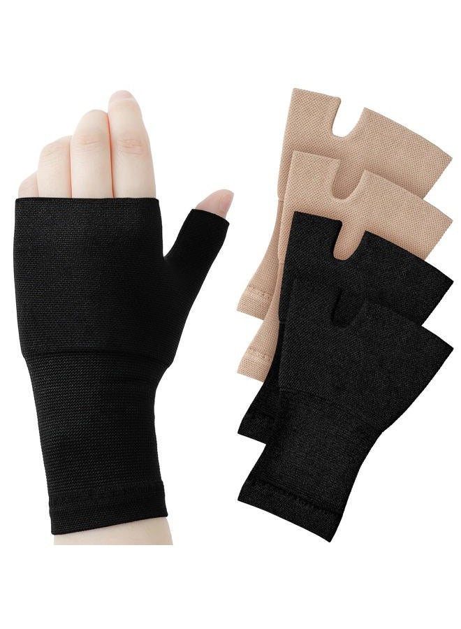 Geyoga 4 Pieces Unisex Wrist Thumb Support Sleeve Fingerless Wrist Gloves Compression Arthritis Gloves Sports Wrist Support Brace for Fatigue Sports Typing (Black, Nude Color, Medium) - Image 1