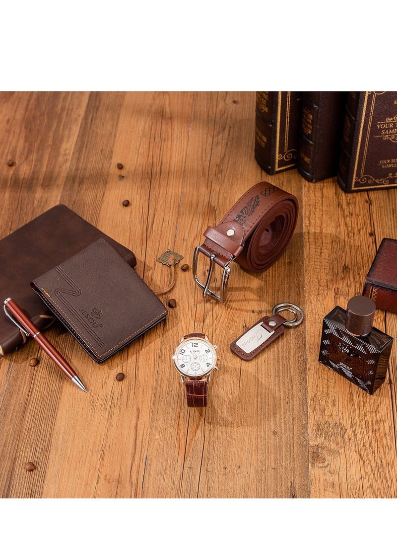JESOU Men's Watch Gift Set Belt + Wallet + Perfume + Keychain + Large Dial Quartz Watch + Pen - Image 2