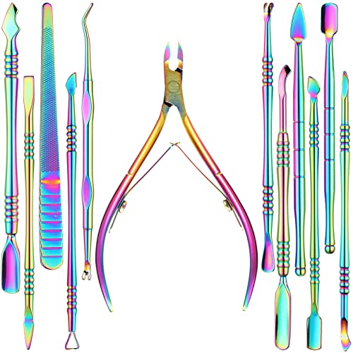 Mudder 12 Pieces Cuticle Nippers Cuticle Pusher Ingrown Nail Kit Triangle Nail Polish Remover Nail Cleaner Fork Nail File Lifter Cuticle Peeler Scraper for Fingernail Toenail Manicure(Rainbow) - Image 1