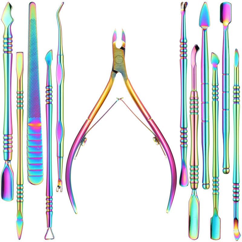 Mudder 12 Pieces Cuticle Nippers Cuticle Pusher Ingrown Nail Kit Triangle Nail Polish Remover Nail Cleaner Fork Nail File Lifter Cuticle Peeler Scraper for Fingernail Toenail Manicure(Rainbow) - Image 2