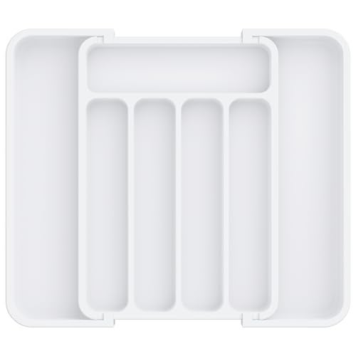 Aujen Silverware Organizer - Expandable Kitchen Drawer Organizer, Adjustable Utensil Organizer, Cutlery Tray for Forks, Knives, Multipurpose Kitchen Organizers and Storage Solution, White, Medium - Image 1