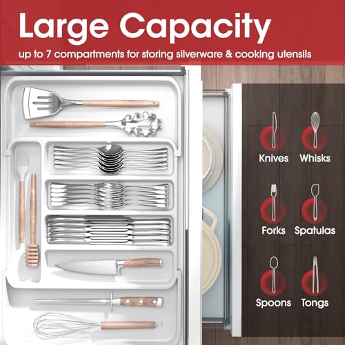 Aujen Silverware Organizer - Expandable Kitchen Drawer Organizer, Adjustable Utensil Organizer, Cutlery Tray for Forks, Knives, Multipurpose Kitchen Organizers and Storage Solution, White, Medium - Image 3