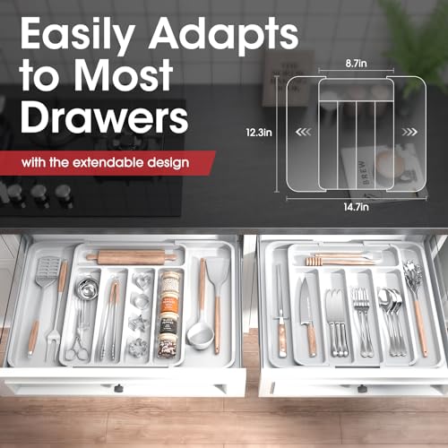 Aujen Silverware Organizer - Expandable Kitchen Drawer Organizer, Adjustable Utensil Organizer, Cutlery Tray for Forks, Knives, Multipurpose Kitchen Organizers and Storage Solution, White, Medium - Image 5