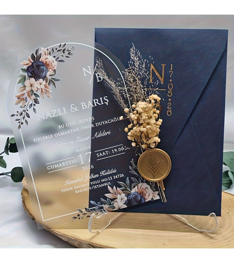 Custom Acrylic Wedding Invitations And Guest Cards 10 Piece Set With Elegant Golden Floral Design Personalized Names And Dates For Weddings Birthdays Corporate Events Envelopes Not Included - Image 2