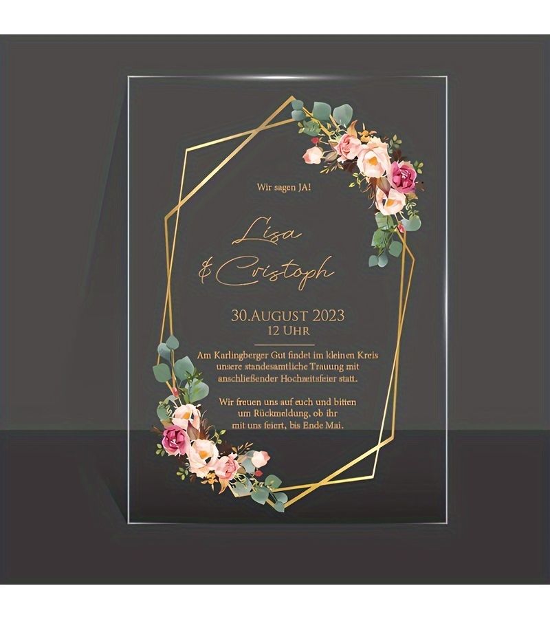 Custom Acrylic Wedding Invitations And Guest Cards 10 Piece Set With Elegant Golden Floral Design Personalized Names And Dates For Weddings Birthdays Corporate Events Envelopes Not Included - Image 5